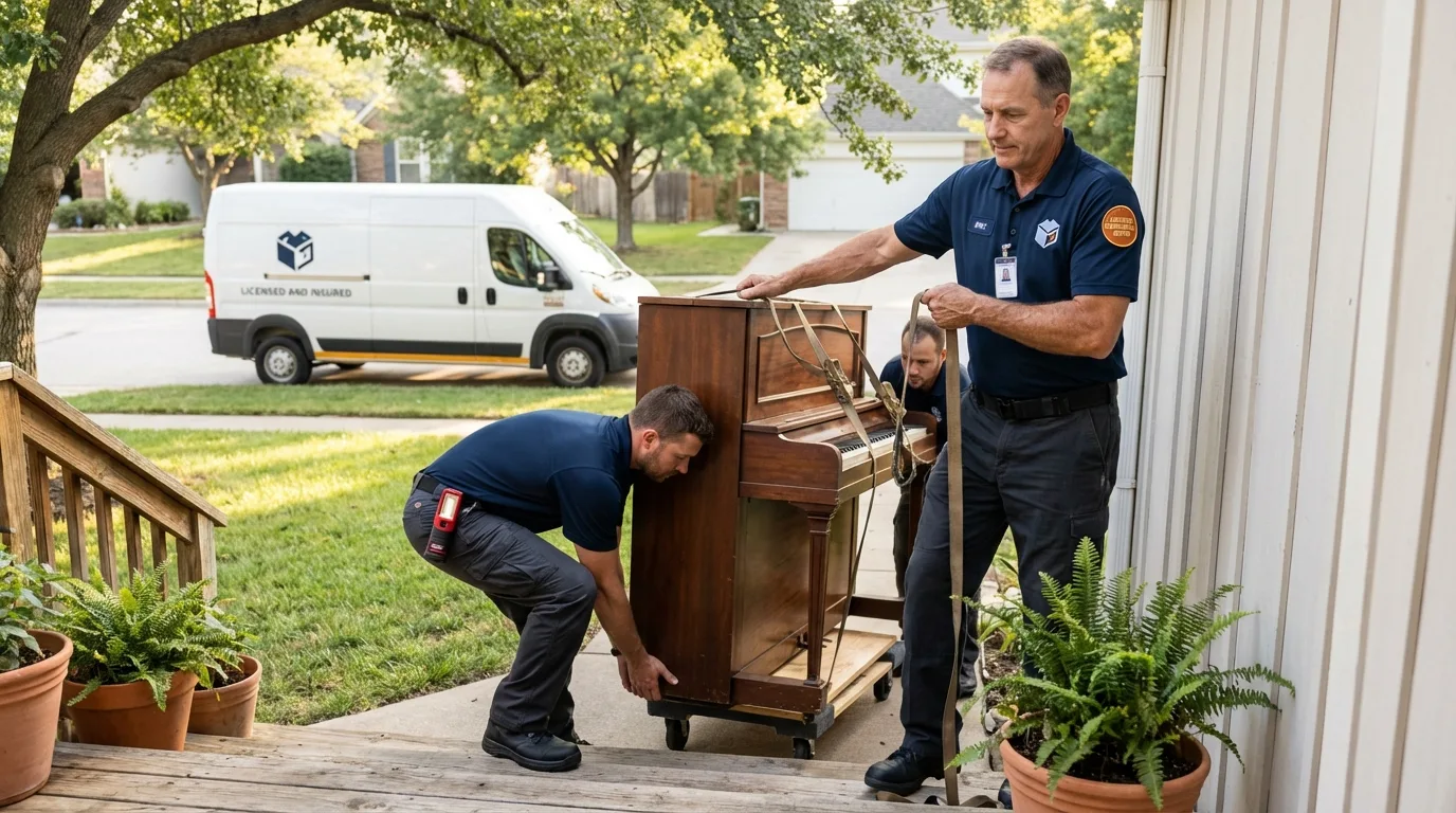 Licensed piano movers securing grand piano in Pocono Pines, PA