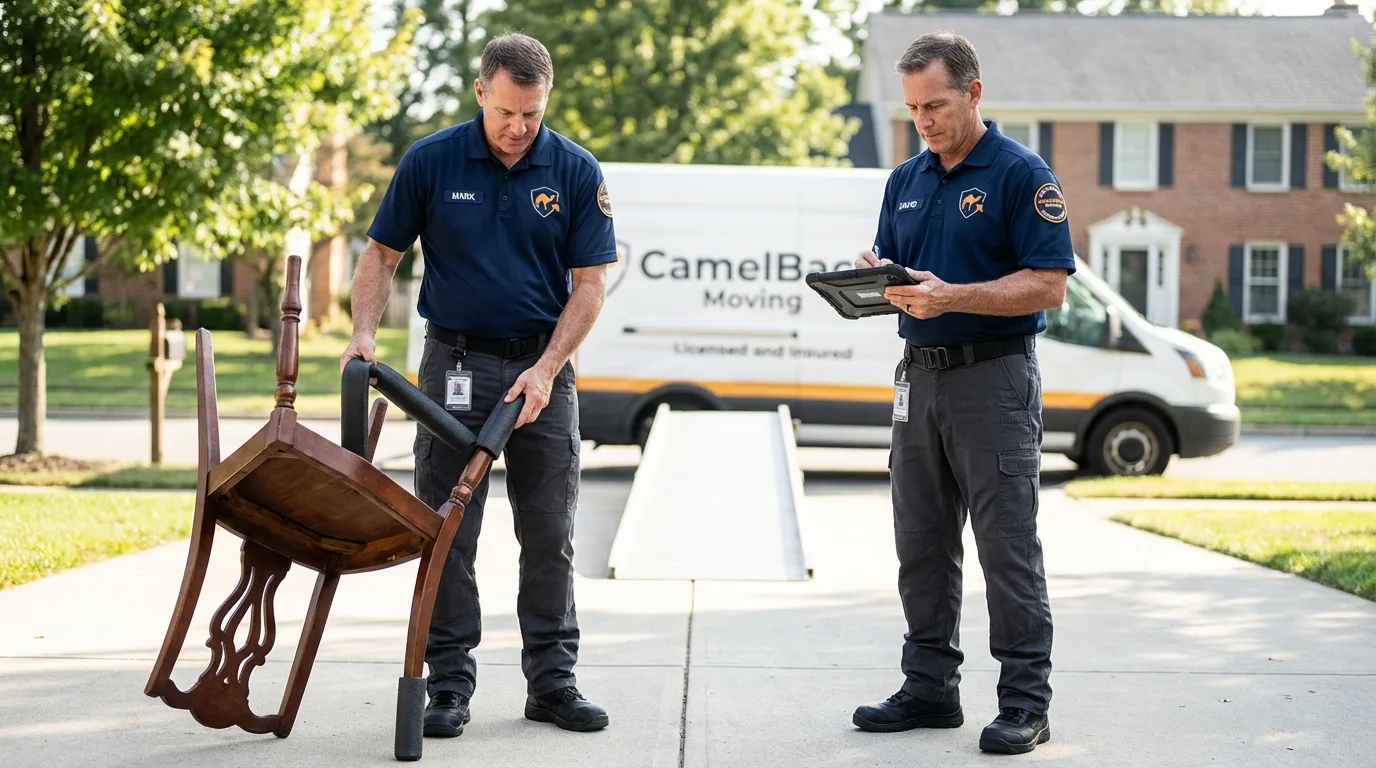 Movers inspecting furniture for damage prevention before loading in Pocono Pines, PA