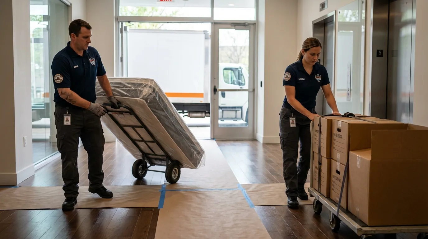 Professional apartment movers loading elevator in Pocono Pines, PA