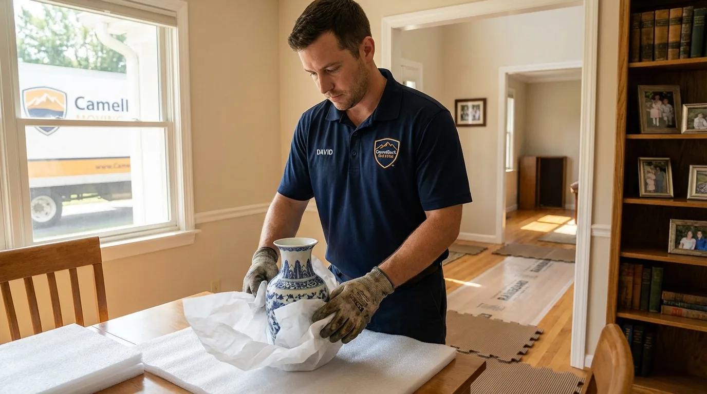 Professional crew carefully wrapping antique vase for senior downsizing move in Pocono Pines, PA